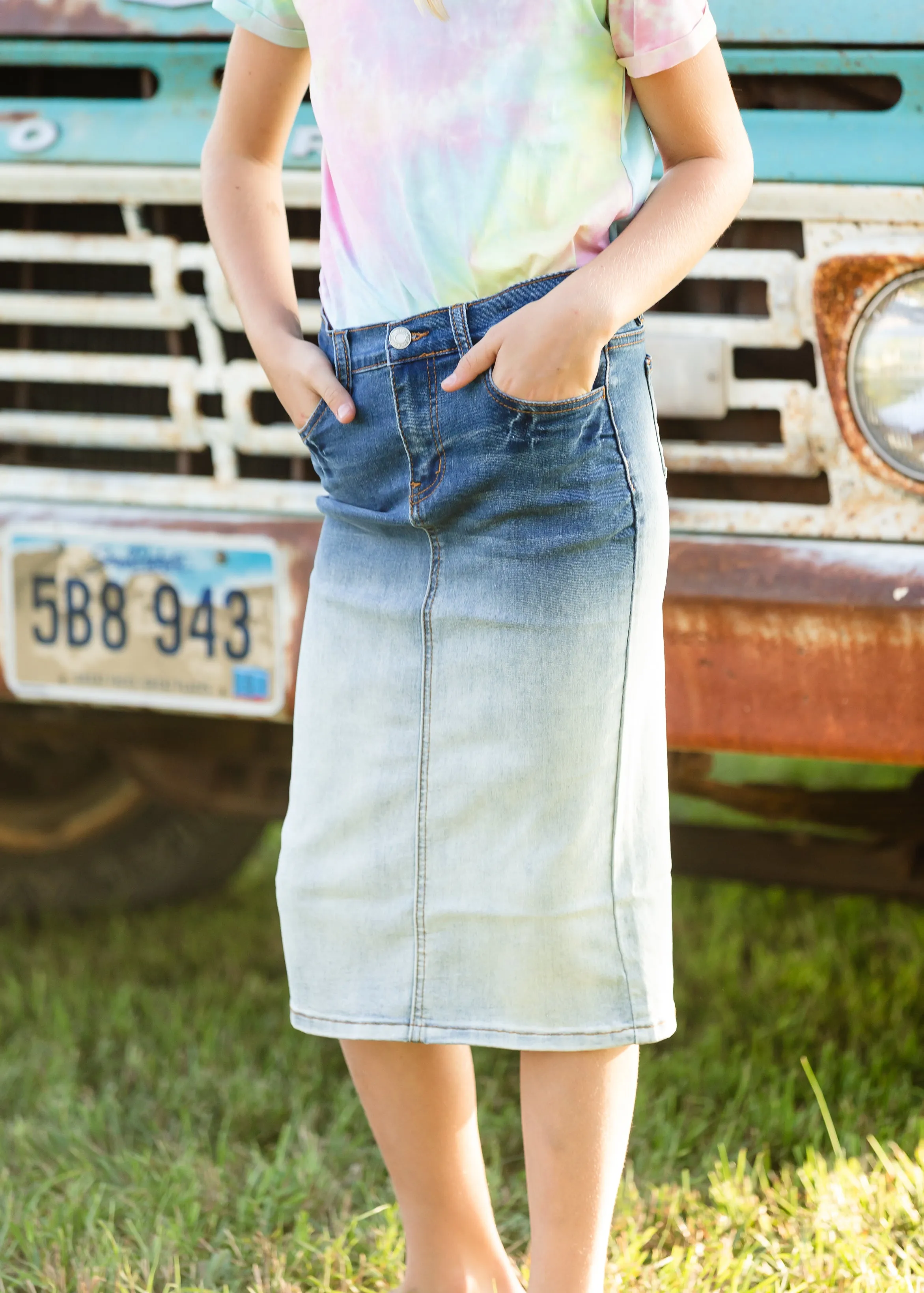 Girls Ombre Denim Midi Skirt