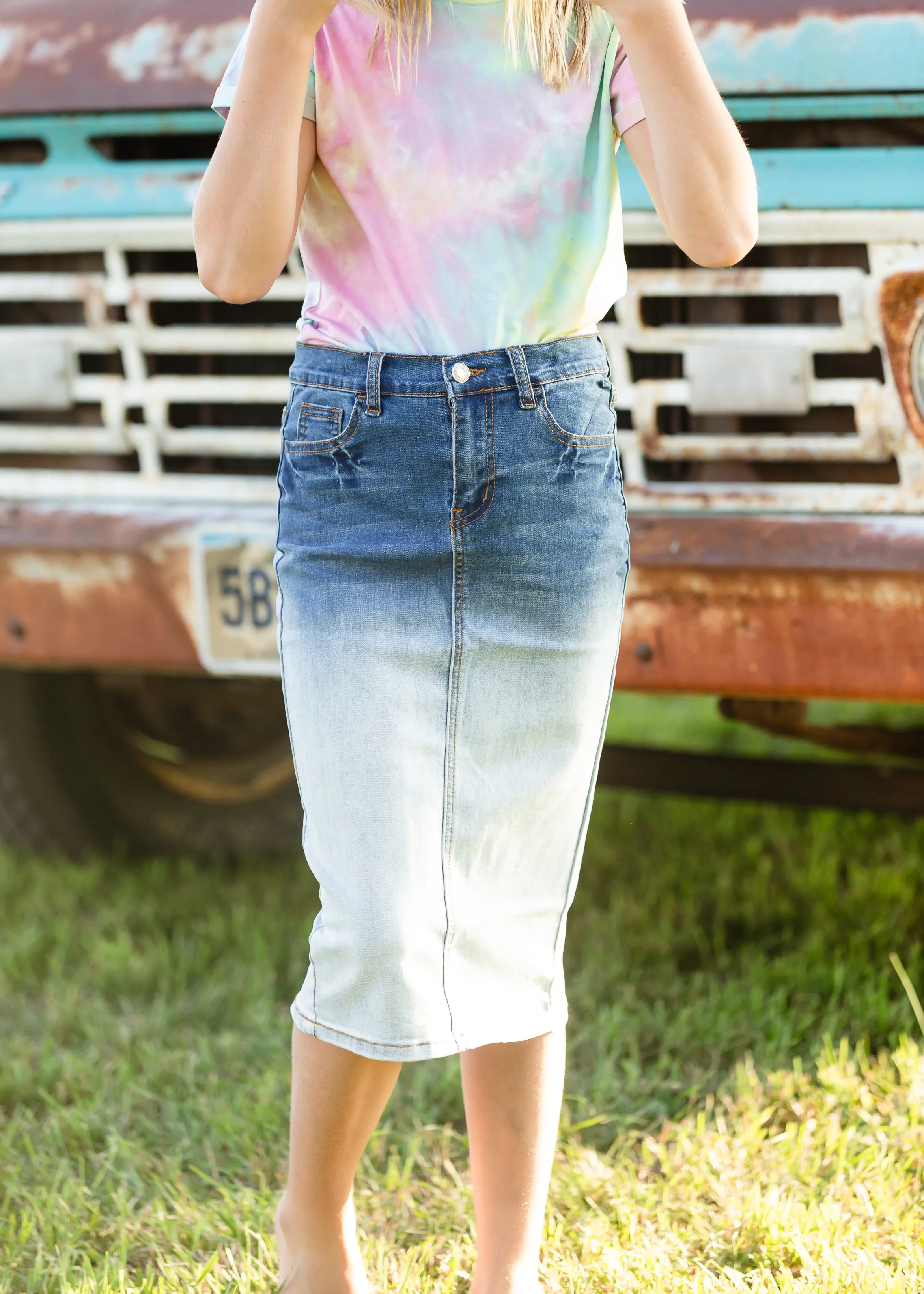 Girls Ombre Denim Midi Skirt