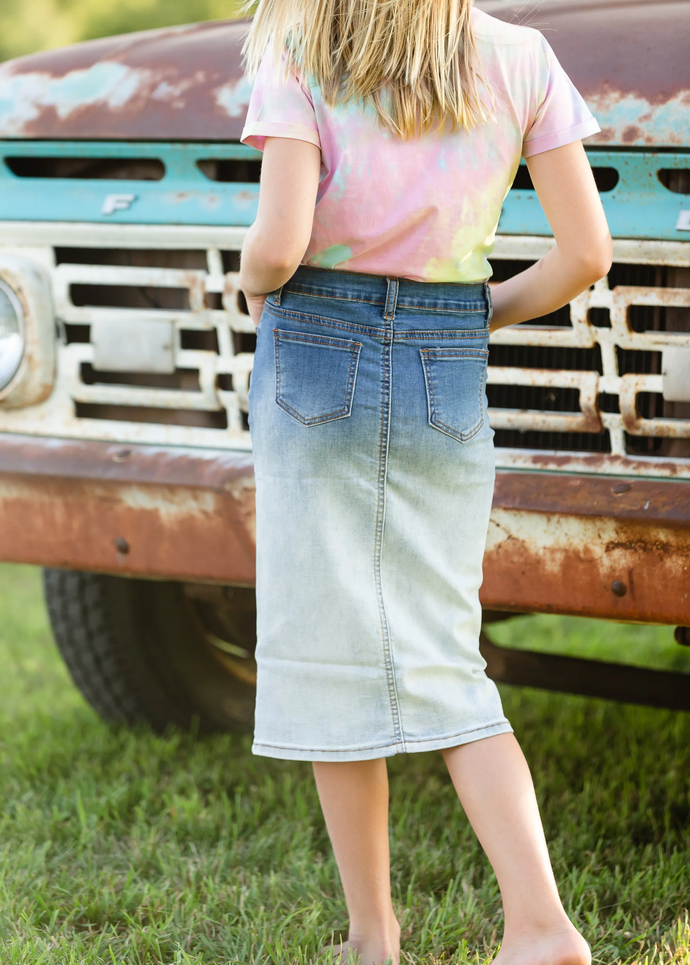 Girls Ombre Denim Midi Skirt