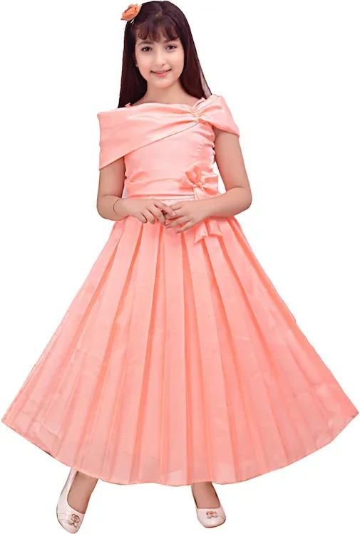 Girls Pleated Full Length Party Dress Red Half Sleeve (Size-6-7YEAR)