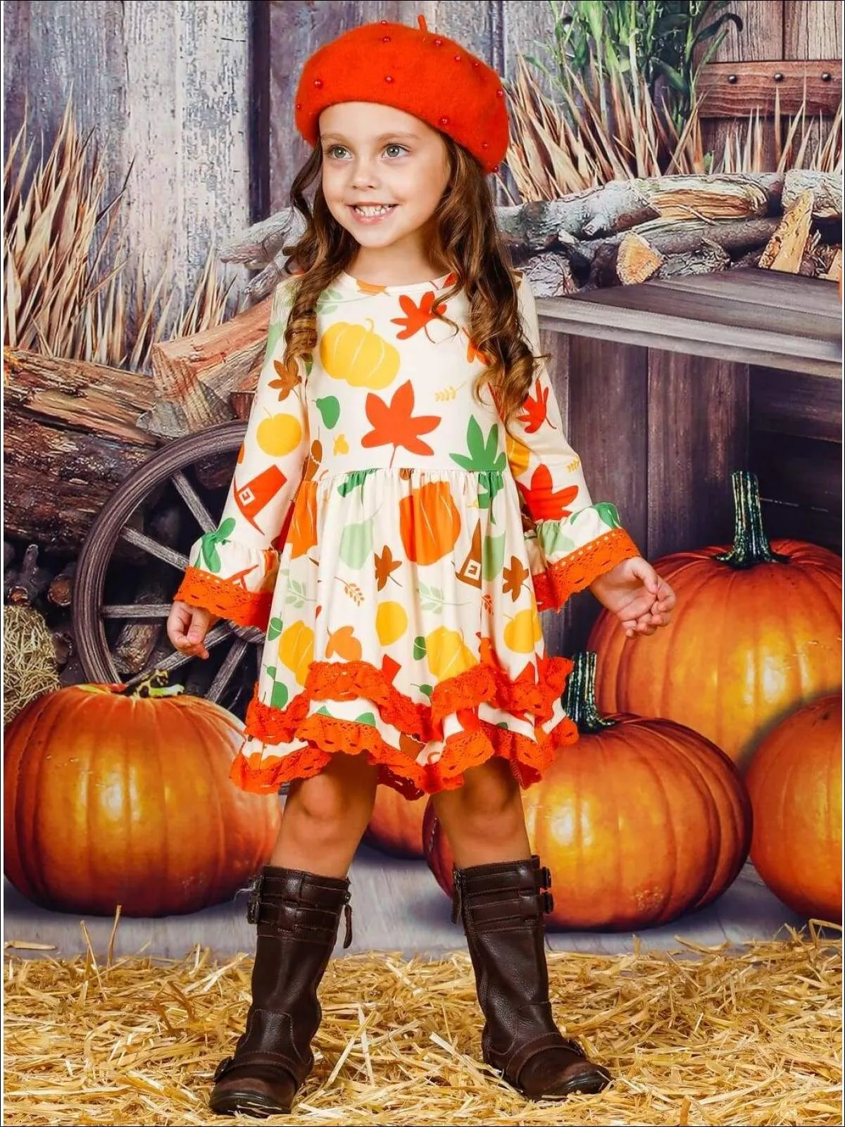 Girls Pumpkin Leaves Print 2-Tiered Crochet Long Flared Sleeve Dress