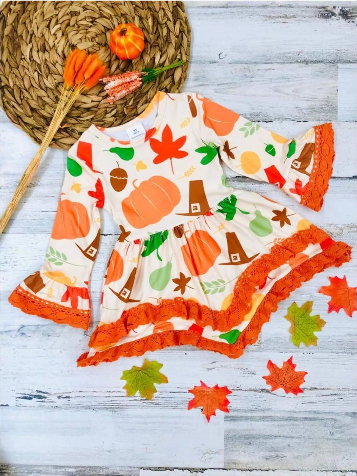 Girls Pumpkin Leaves Print 2-Tiered Crochet Long Flared Sleeve Dress