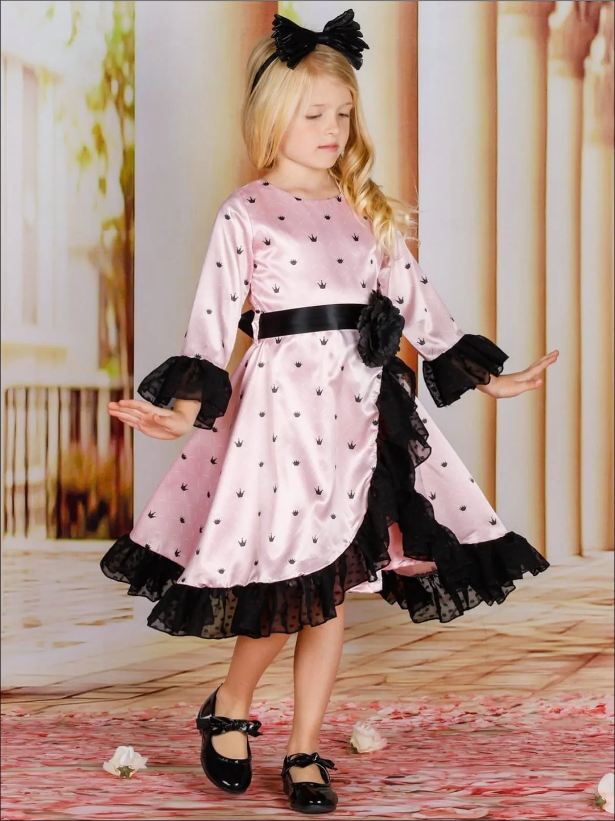 Girls Ruffled Cross Over 3/4 Flared Sleeves Dress with Flower Satin Sash