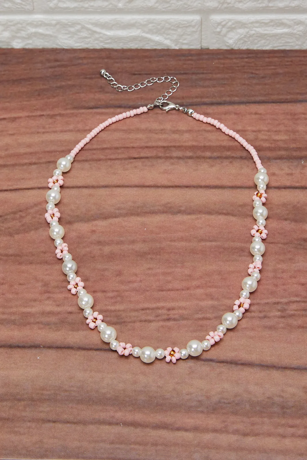 Girls White And Pink Embellished Necklace