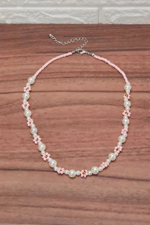 Girls White And Pink Embellished Necklace