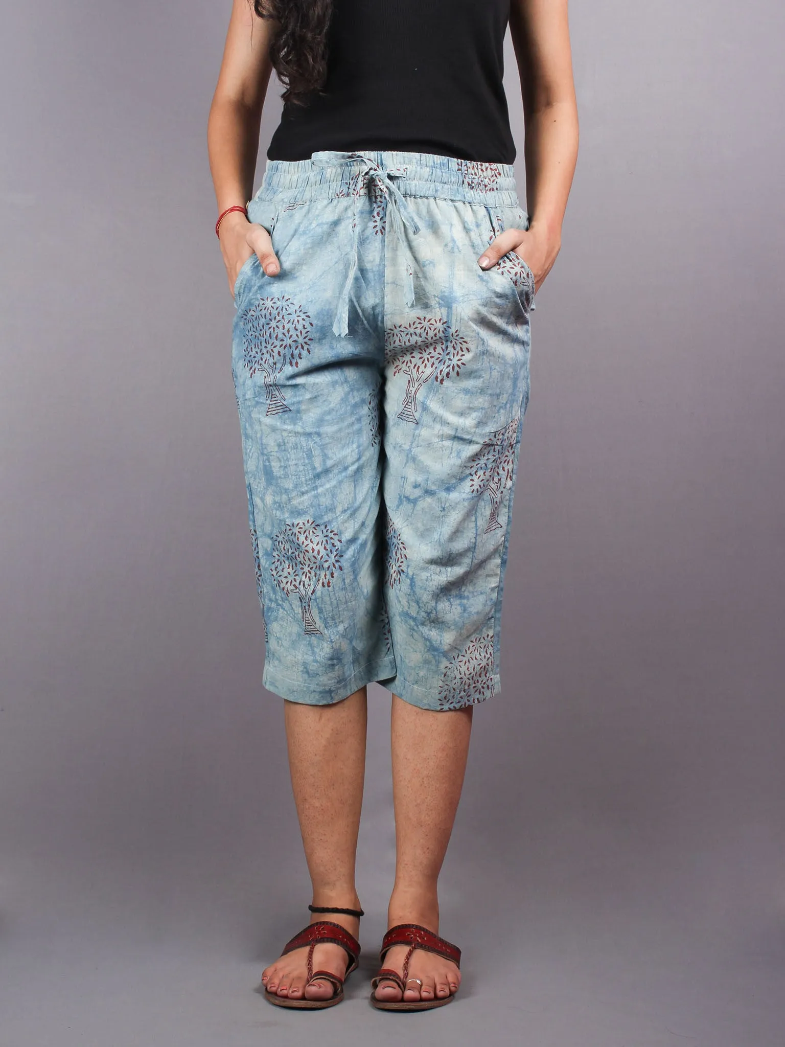 Indigo Hand Block Printed Elasticated Waist Capri - C0267009