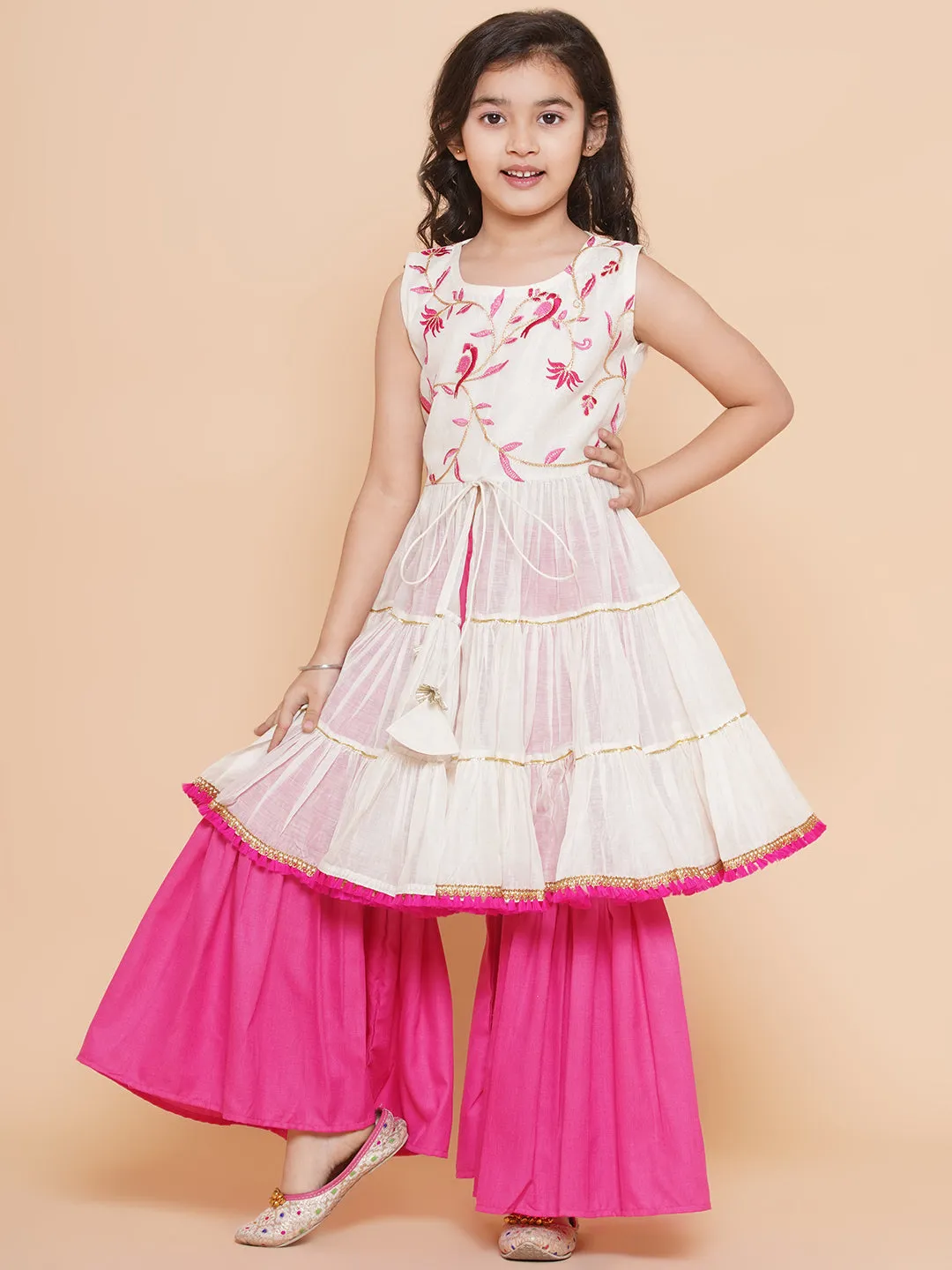 Jashvi Girls White Embroidered Tiered Gotta Patti Kurta With Sharara