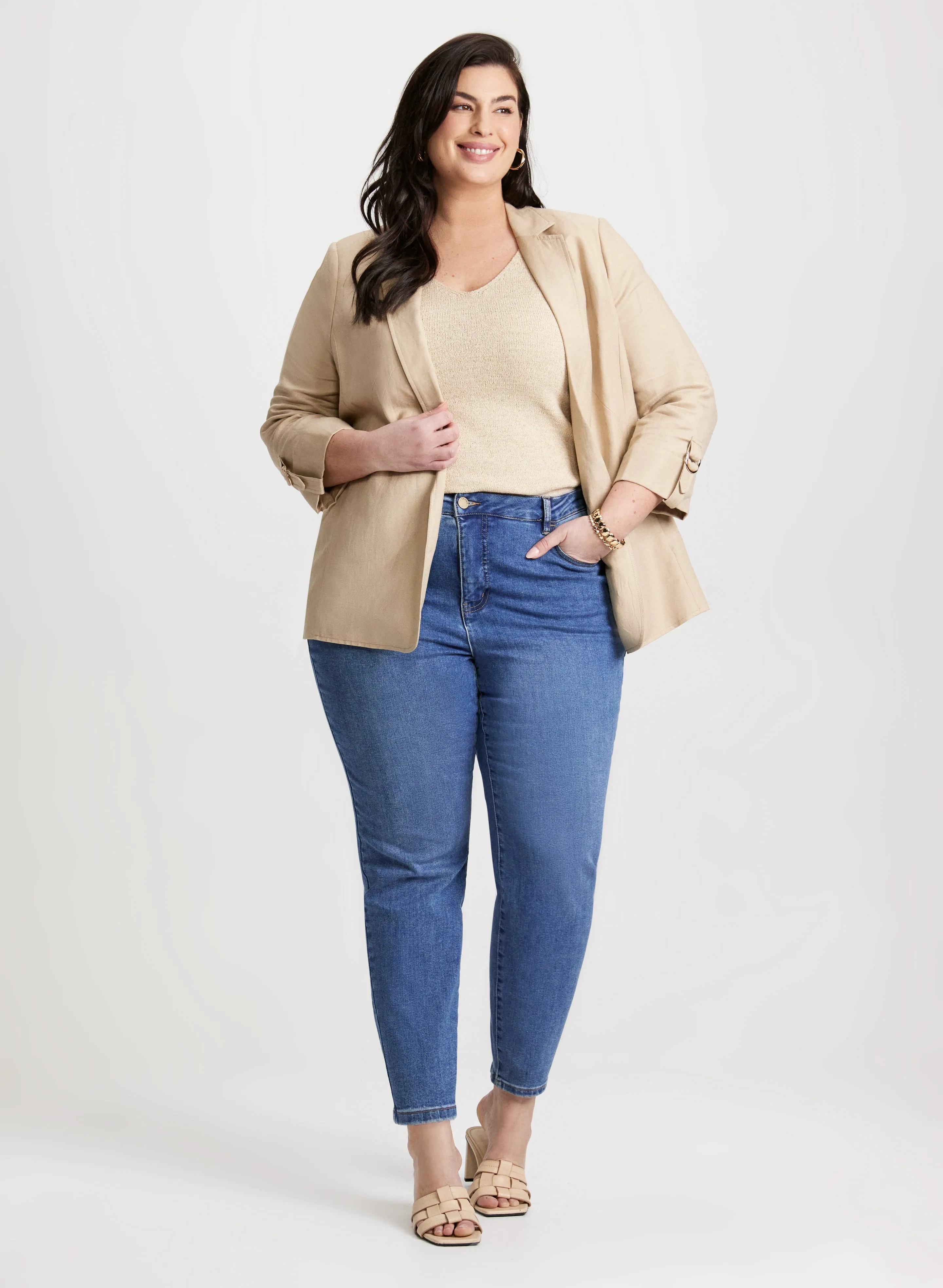 Linen-Blend Open Front Jacket