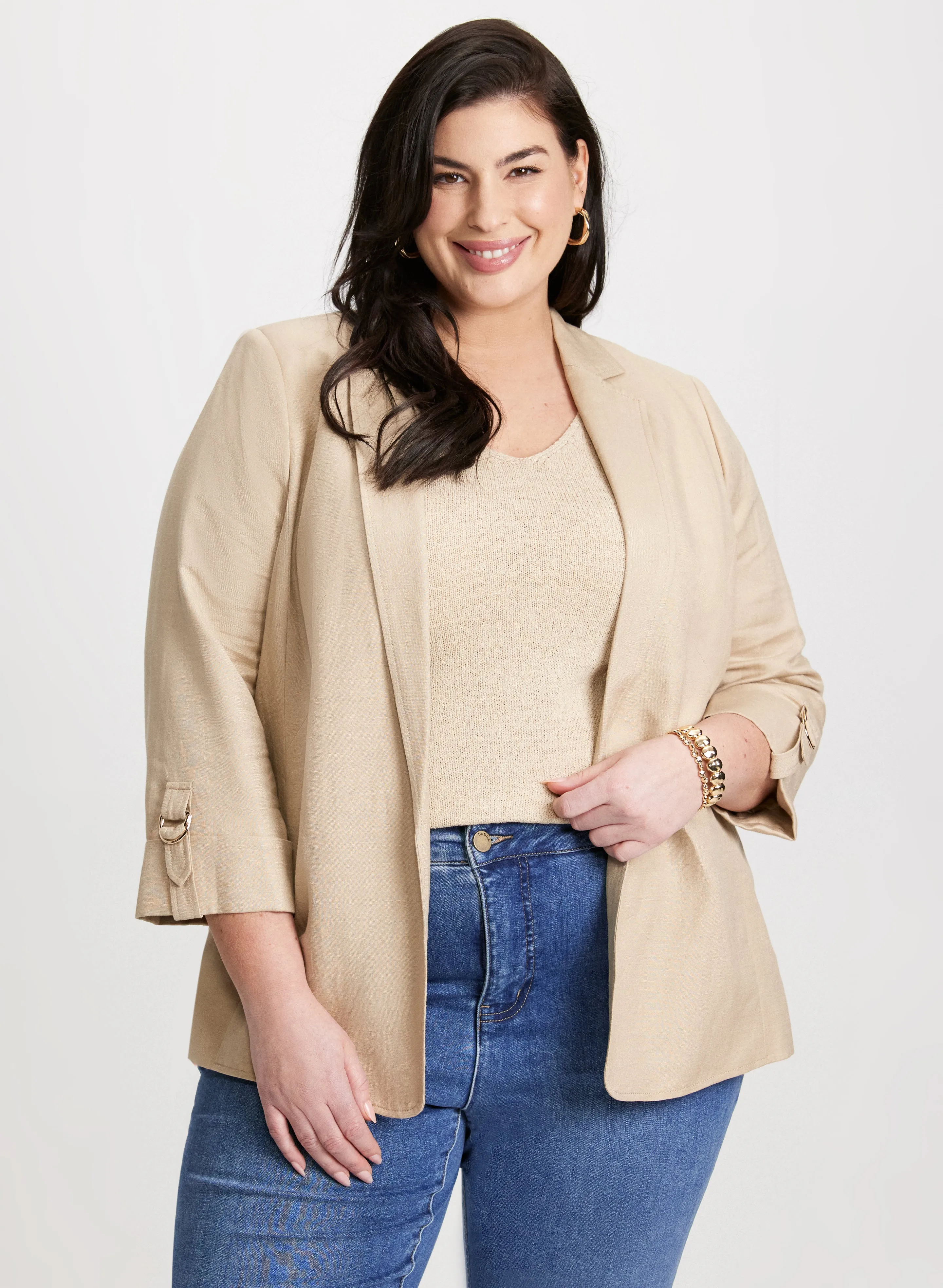 Linen-Blend Open Front Jacket