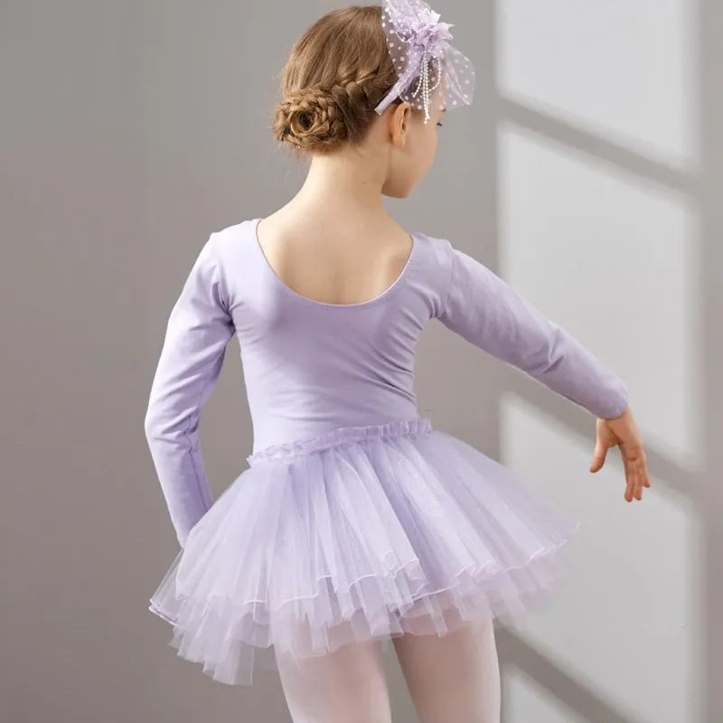 Long Sleeve Ballet Dance Dress for Young Girls, Cotton Tulle Leotard