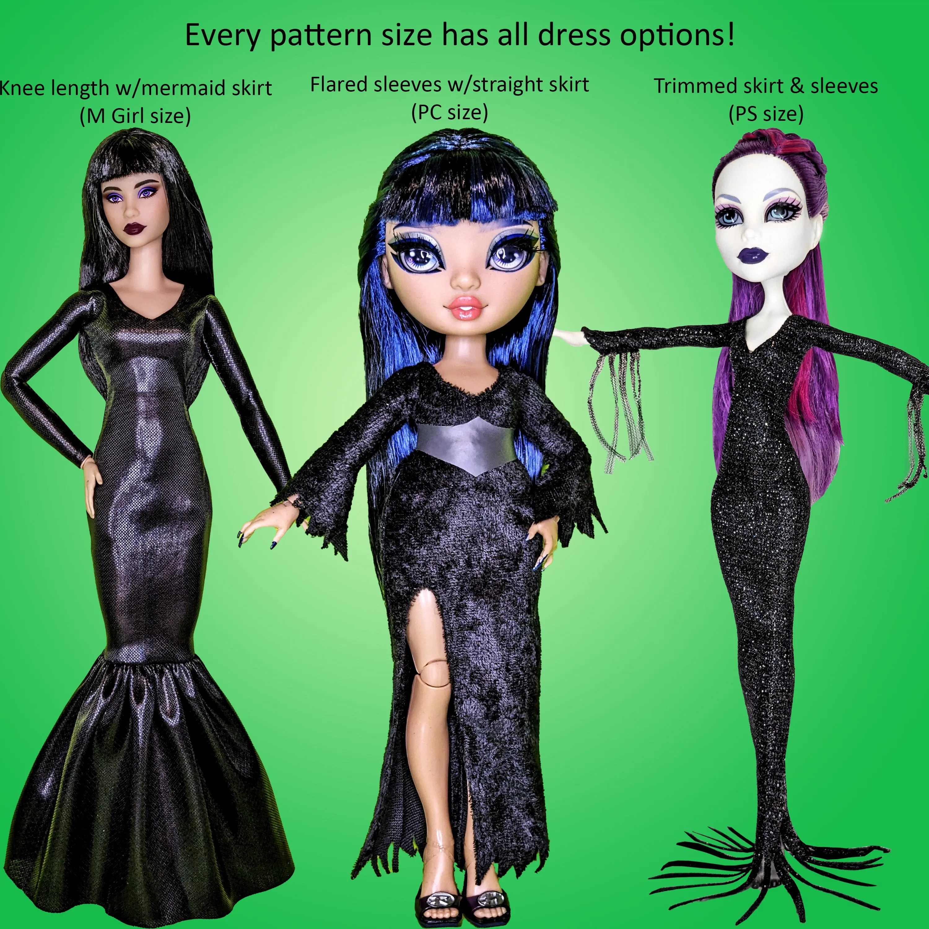 MG Vamp! 11.5" Medium Girl Fashion Doll - Gothic Vamp costume with lots of dress/sleeve options - Downloadable RAD Doll Clothes PDF Sewing Pattern