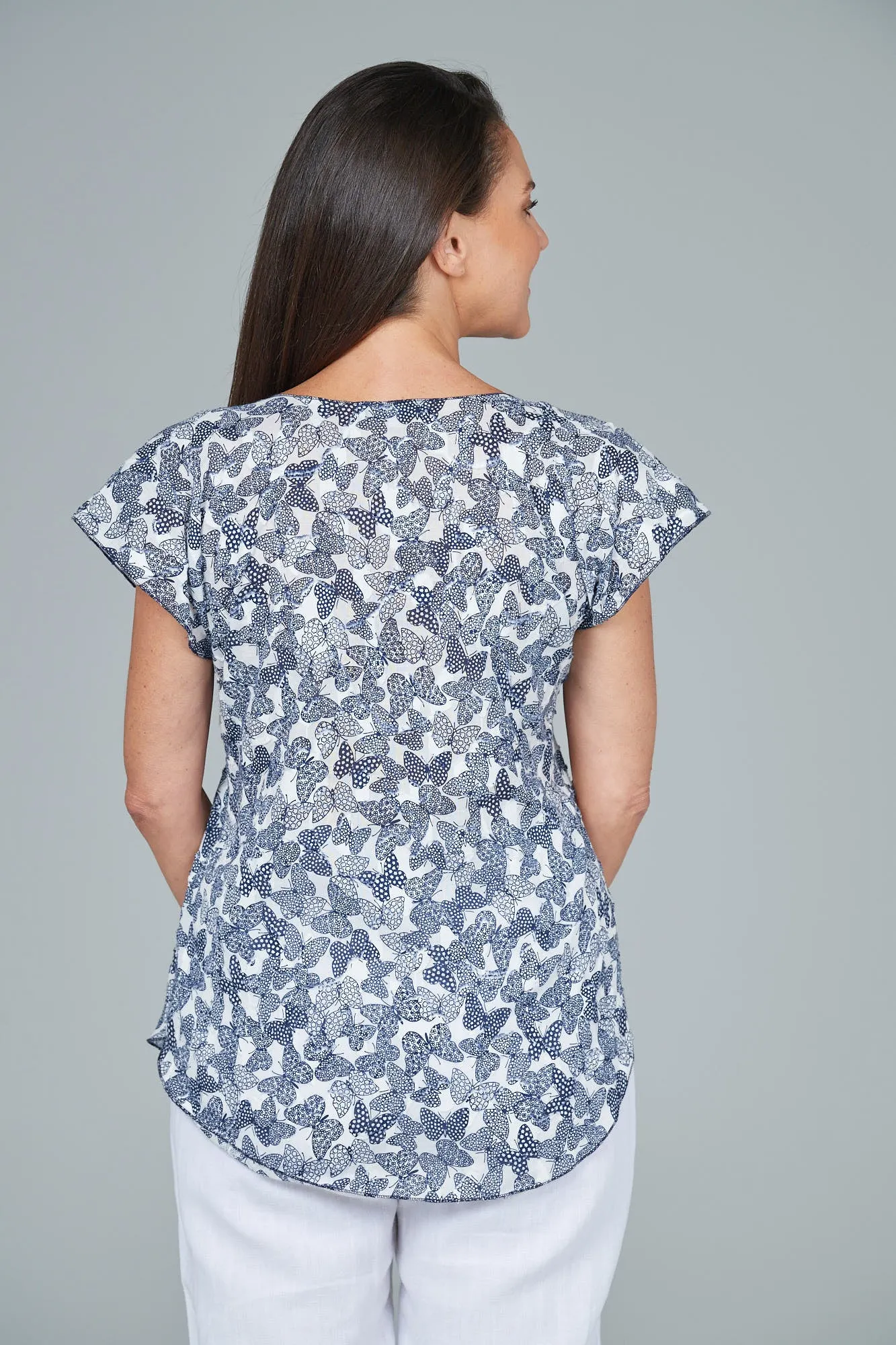 Navy Butterfly Print Short Sleeve Non-Crush Jacquard Cotton Top