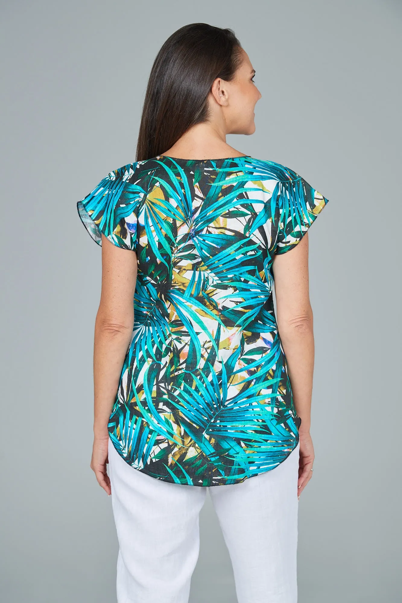 Palms Print Short Sleeve Linen Top