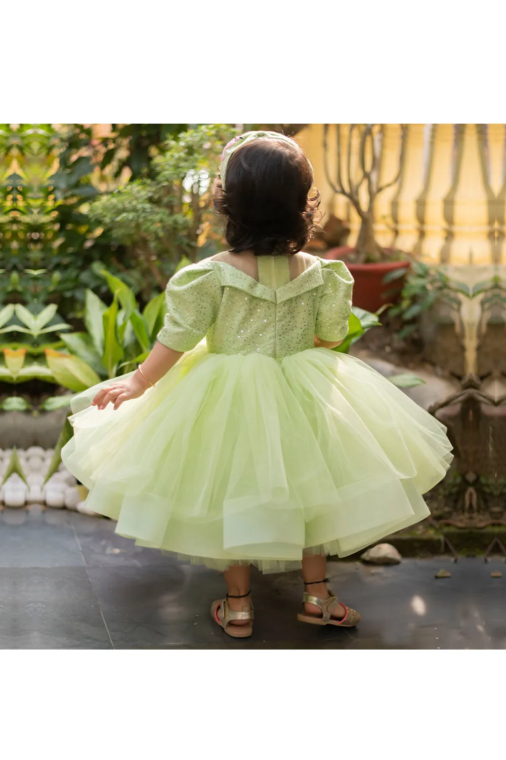 Pastel Green Sequins Work Layered Dress