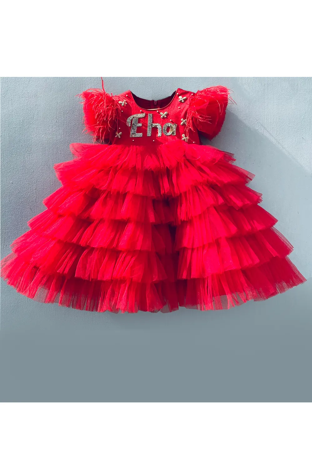 Personalised puffed sleeves red layered dress