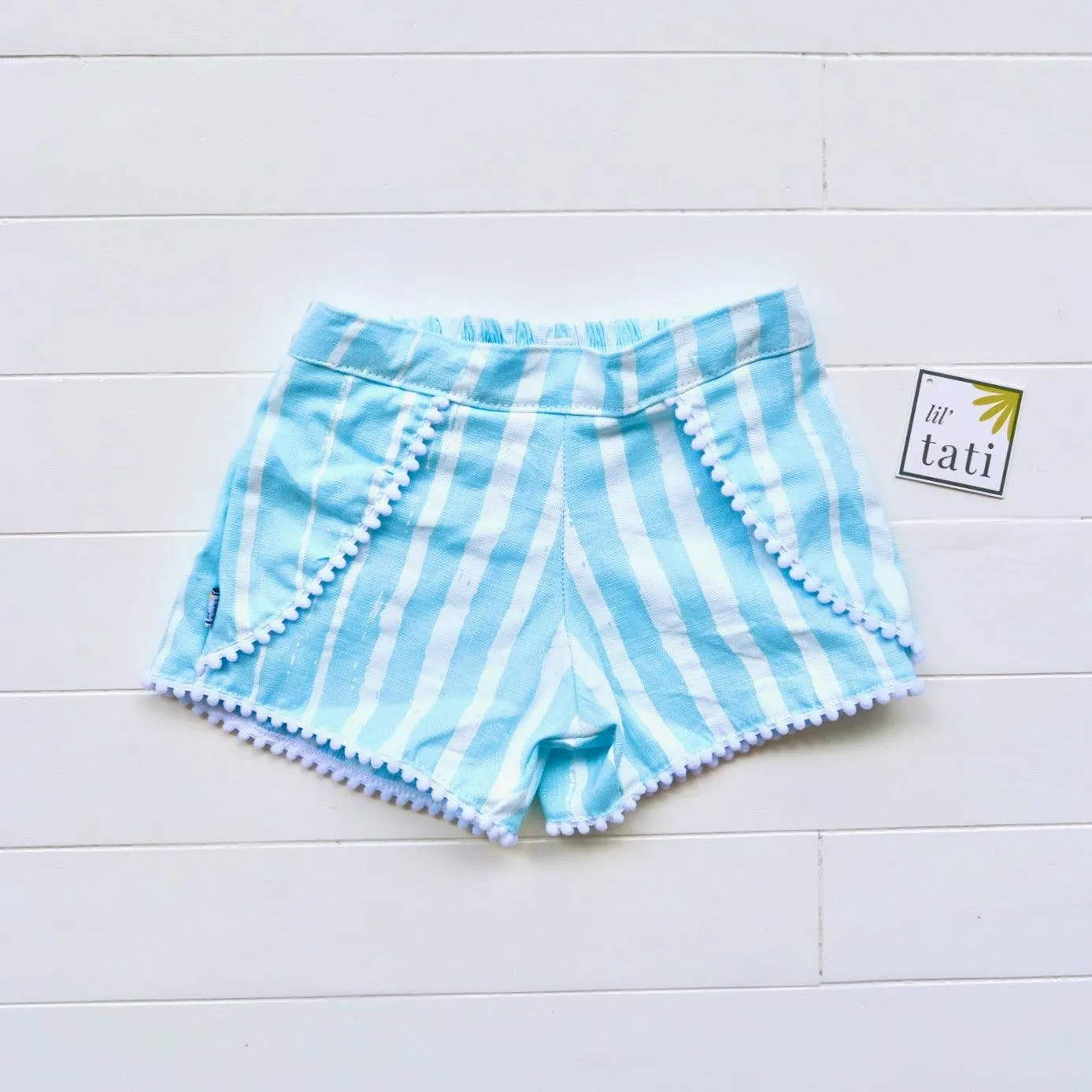 Pompom Shorts in Blue Paint Streaks Linen