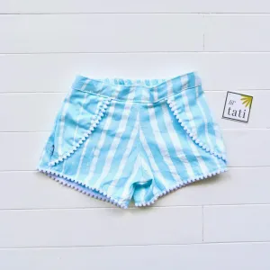 Pompom Shorts in Blue Paint Streaks Linen