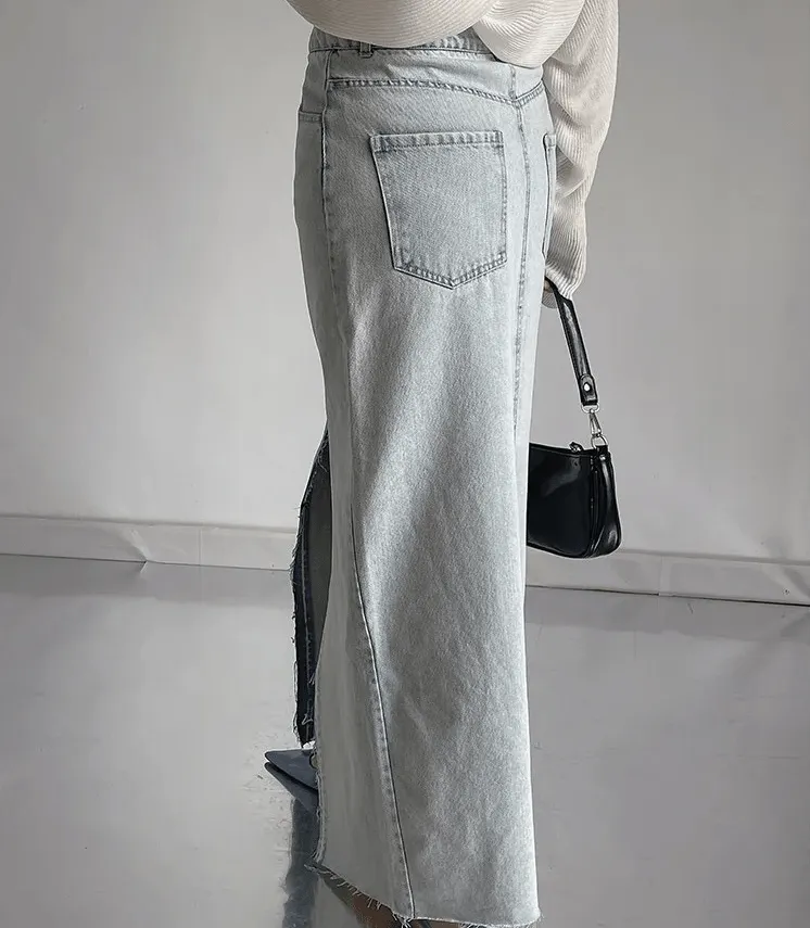 Pre Order:  Front Slit Washed Denim Skirt