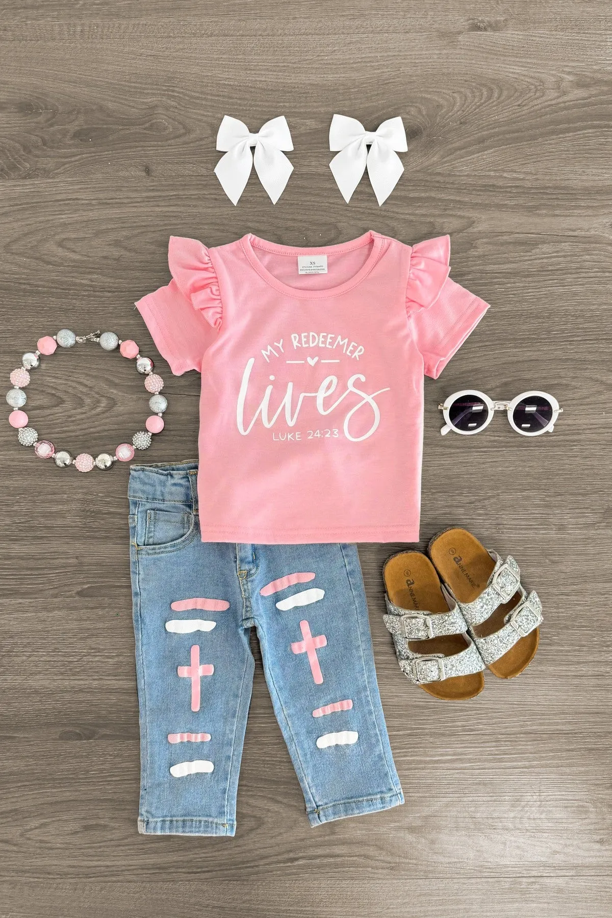 "My Redeemer Lives" Pink Denim Pant Set