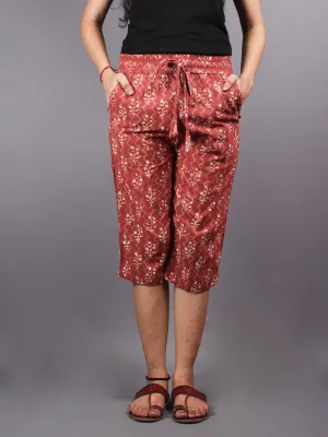 Red Hand Block Printed Elasticated Waist Capri - C0267025