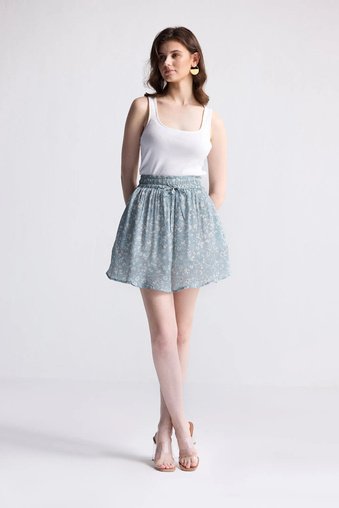 Reistor Drawstring Short Skirt in Light Blue Florals | NEW COLLECTION