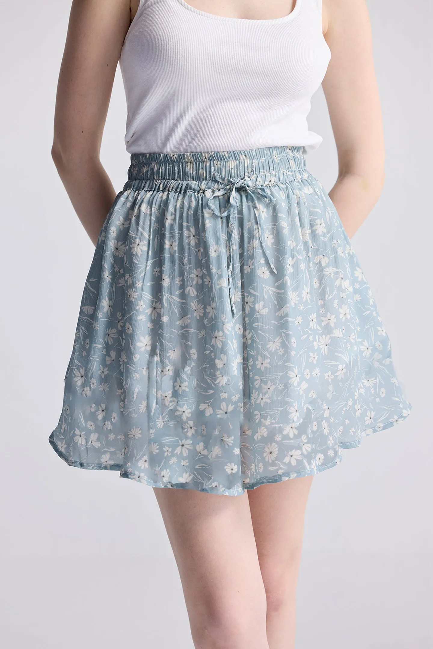 Reistor Drawstring Short Skirt in Light Blue Florals | NEW COLLECTION