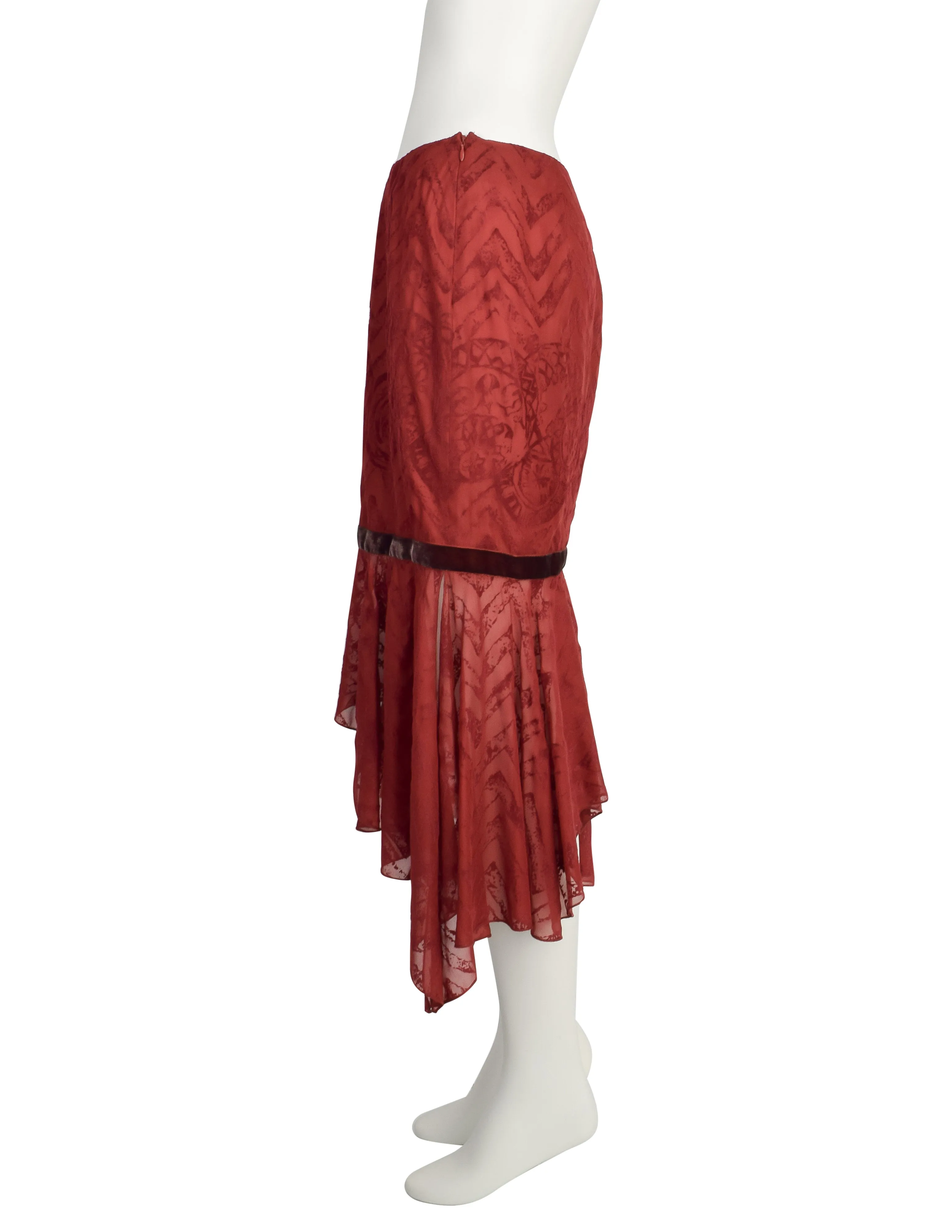 Romeo Gigli Vintage AW 1997 Burgundy Velvet Burnout Silk Chiffon Skirt