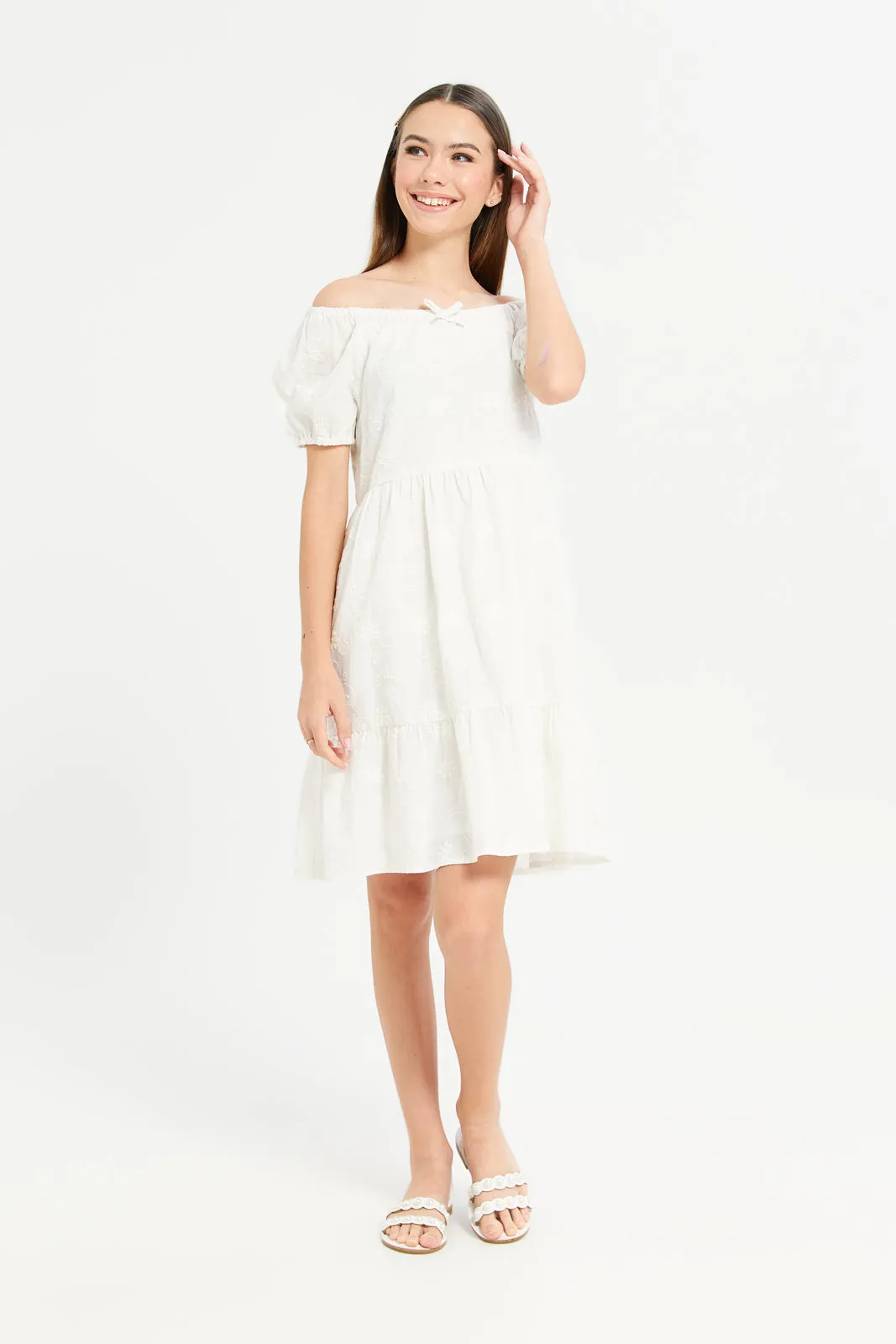 Senior Girls  White Off Shoulder Embroidered Dress