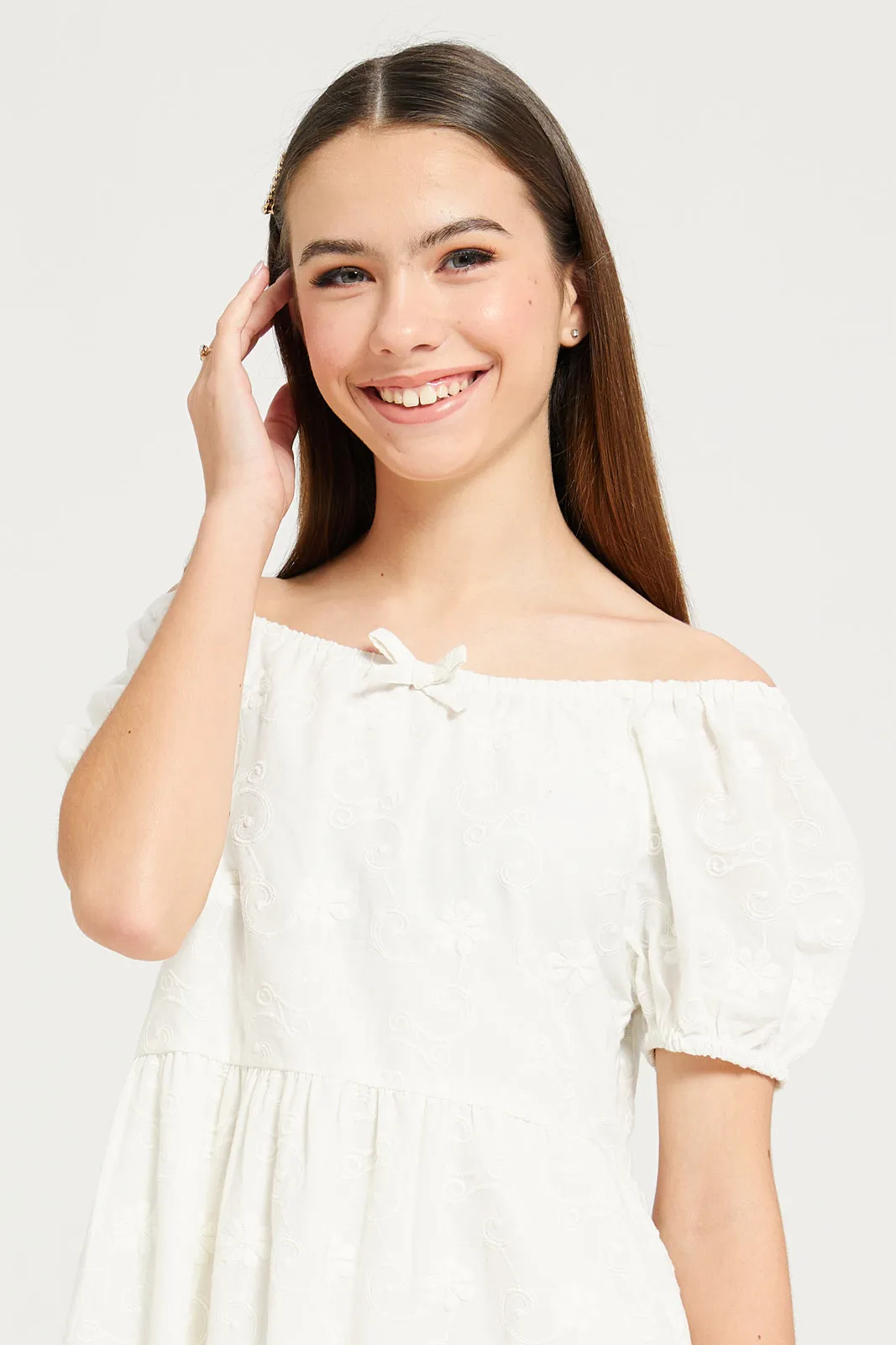 Senior Girls  White Off Shoulder Embroidered Dress