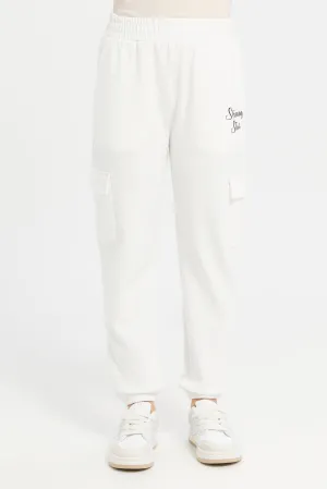 Senior Girls White Printed Interlock Joggers