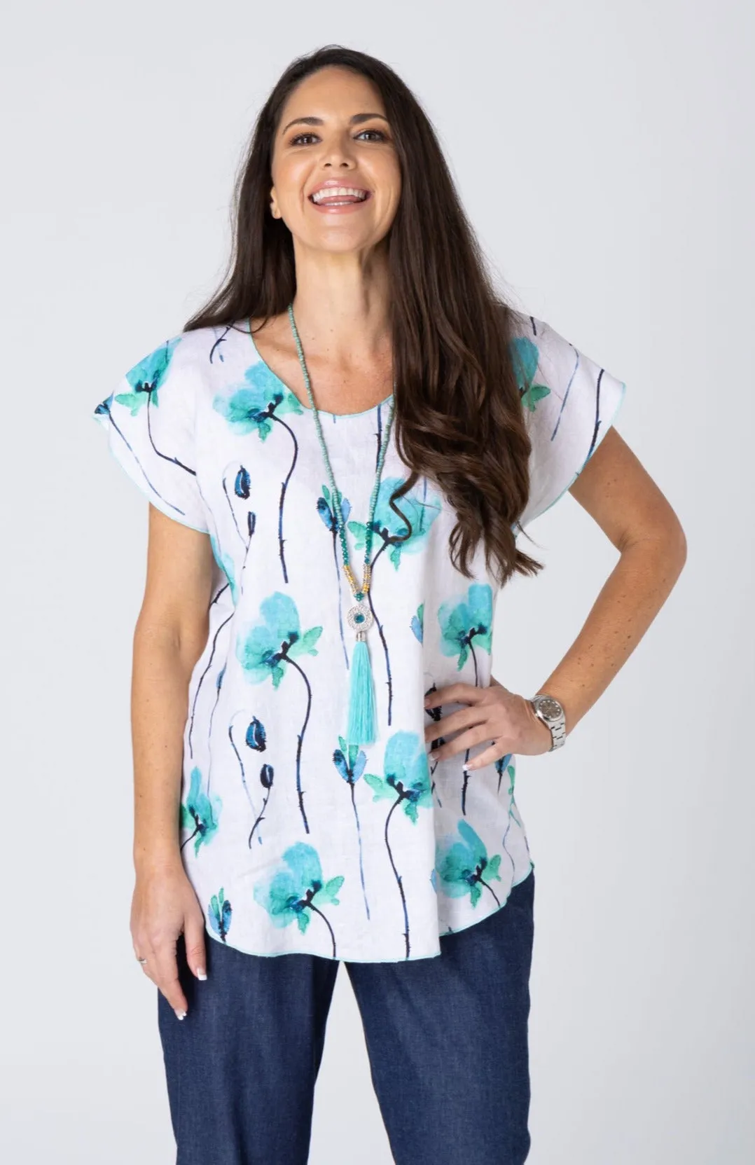 Stems Print Short Sleeve 100% Linen Top