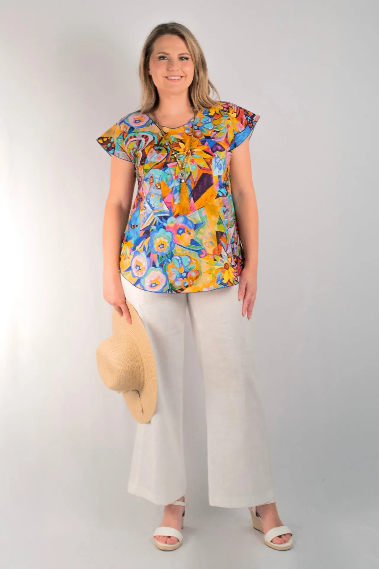 Sunkist Print Short Sleeve 100% Linen Top