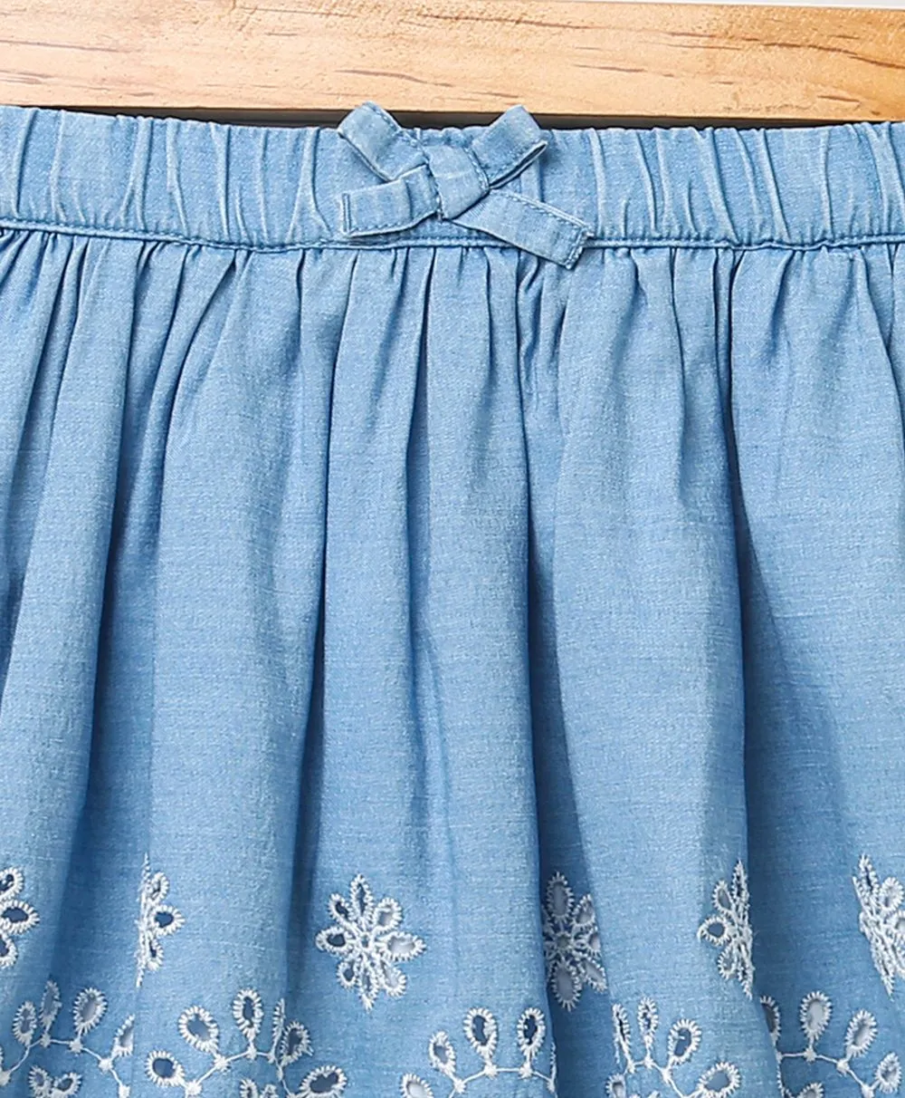 Sweetlime By As Schiffly Embroidery Cotton Denim Skirt- Blue