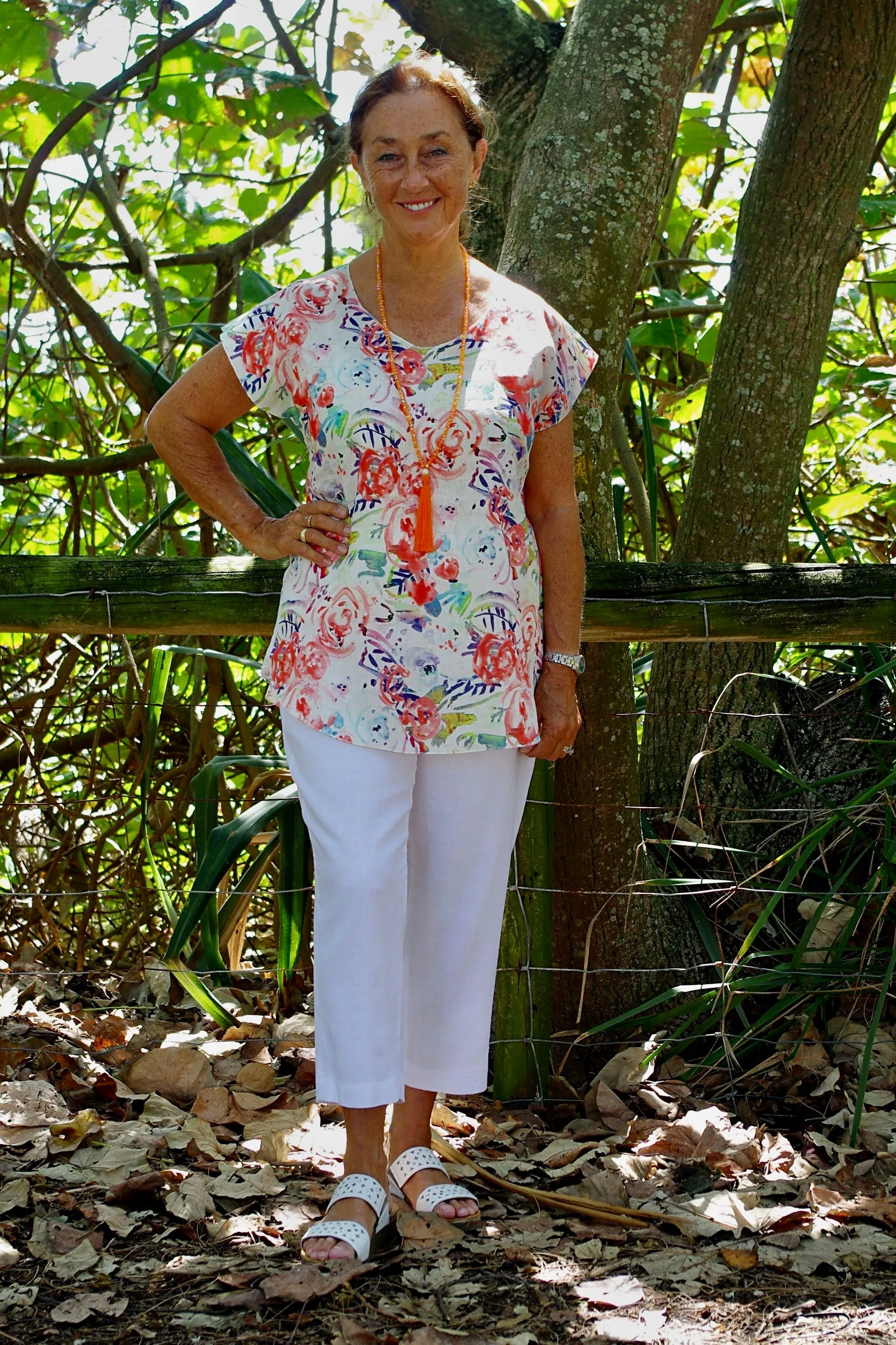 Tangerine Print Short Sleeve Linen/Cotton Top