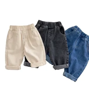 Toddler Kid Boy Elastic Mid Waist Washed Full Length Straight Pants Denim Jeans