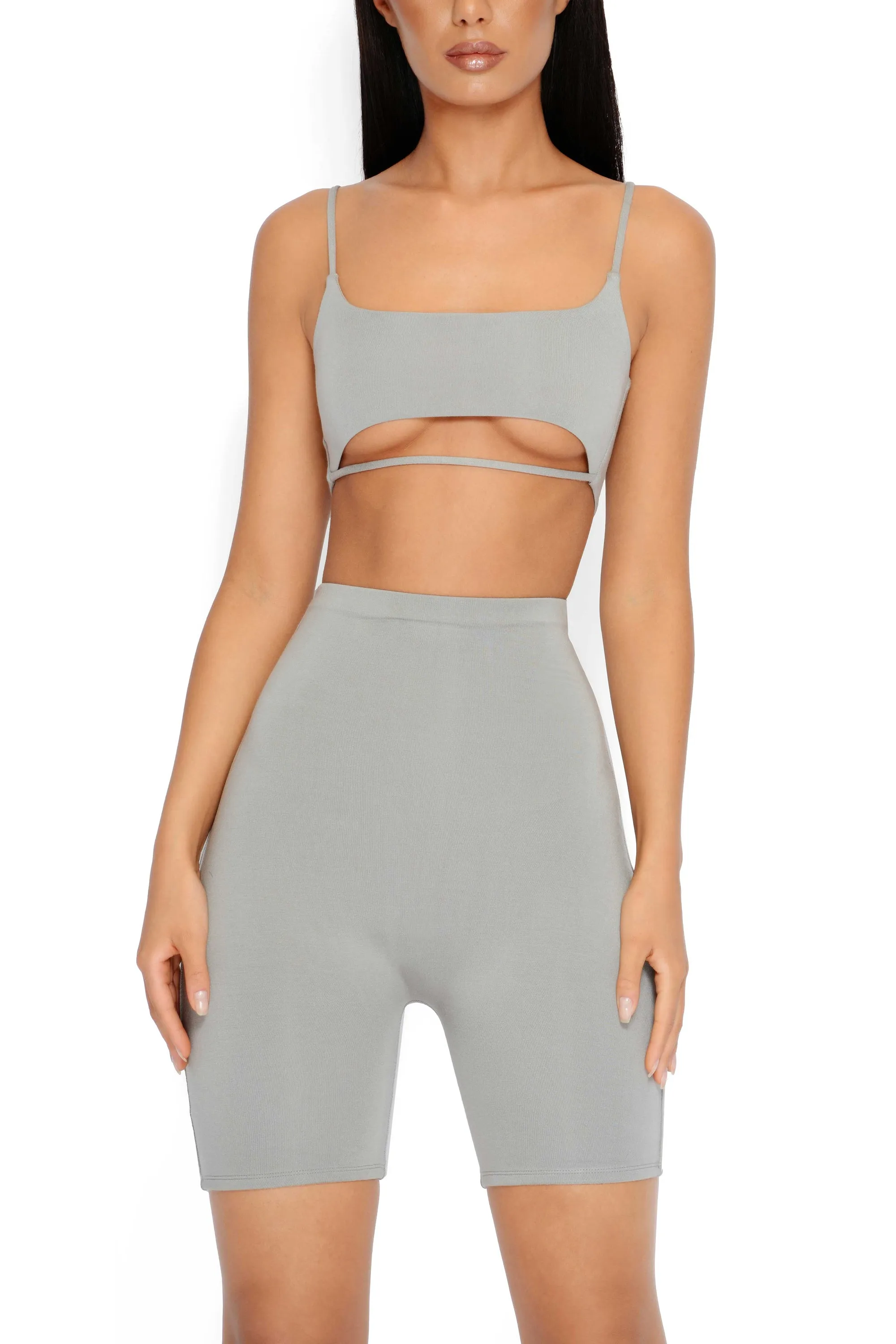 Under Your Skin Double Layered Strappy Bralette in Grey