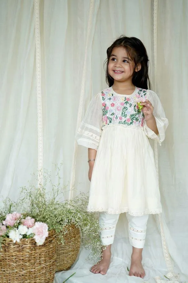 White Bouvardia Kurta Set For Girls